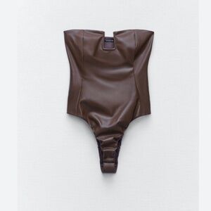 Zara Chocolate Brown Strapless Faux Leather Bodysuit